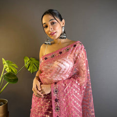 Triveni Embellished Net Saree - Gulabi
