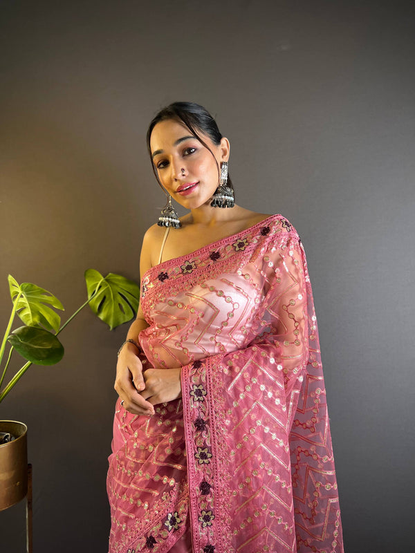 Triveni Embellished Net Saree - Gulabi