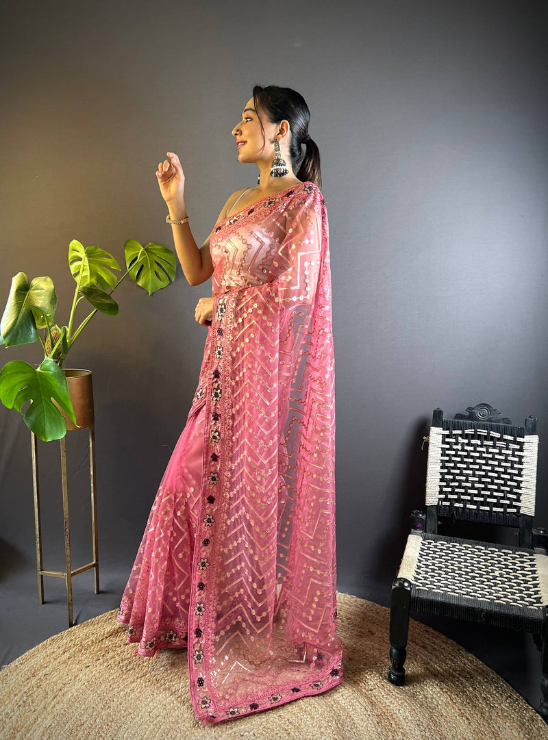 Triveni Embellished Net Saree - Gulabi