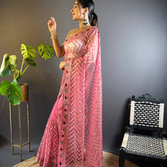 Triveni Embellished Net Saree - Gulabi