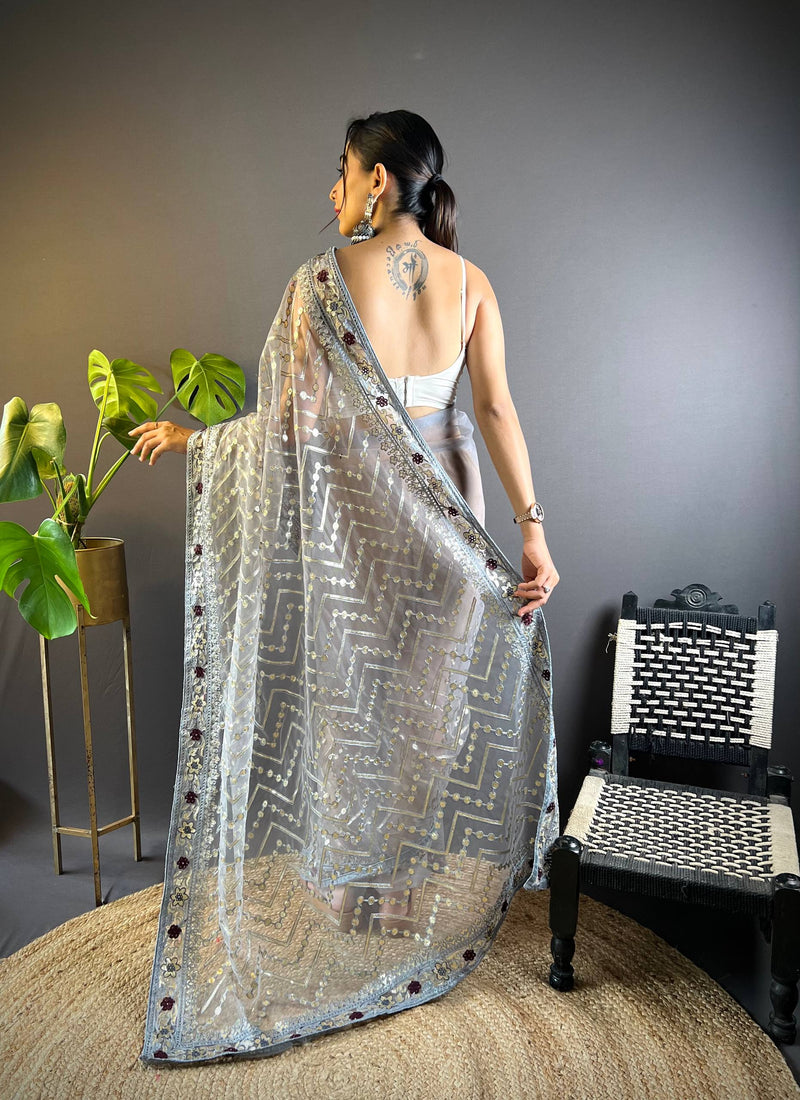 Triveni Embellished Net Saree - GREY