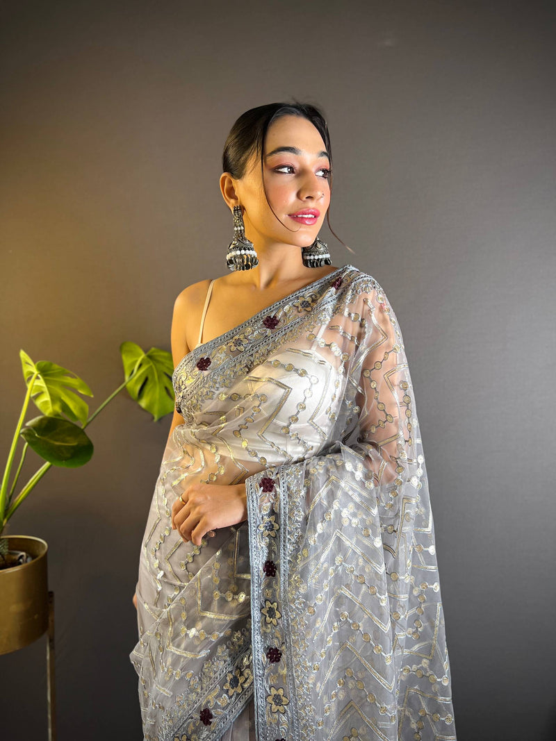 Triveni Embellished Net Saree - GREY