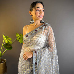Triveni Embellished Net Saree - GREY