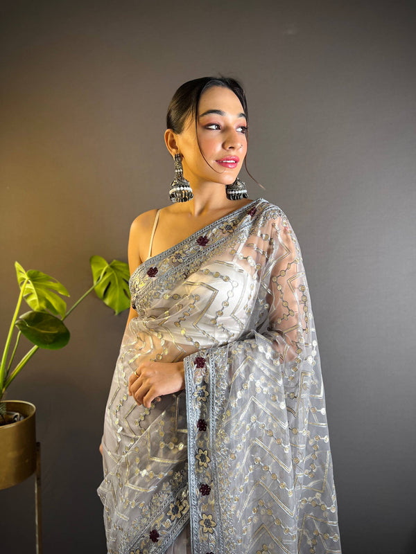 Triveni Embellished Net Saree - GREY