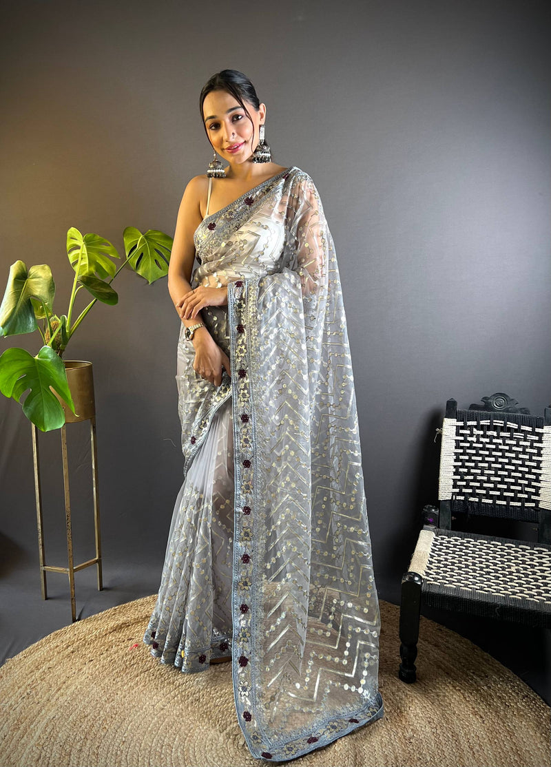 Triveni Embellished Net Saree - GREY