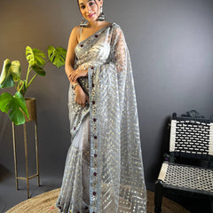 Triveni Embellished Net Saree - GREY