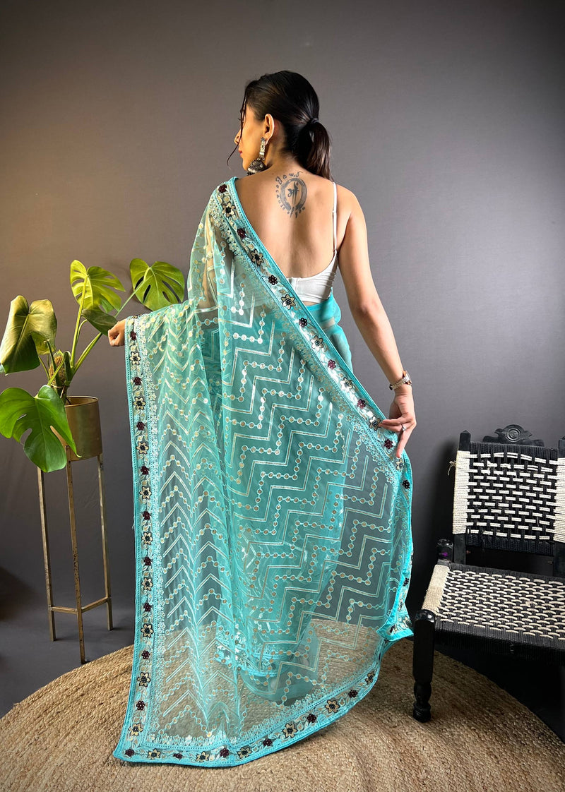 Triveni Embellished Net Saree - BLUE