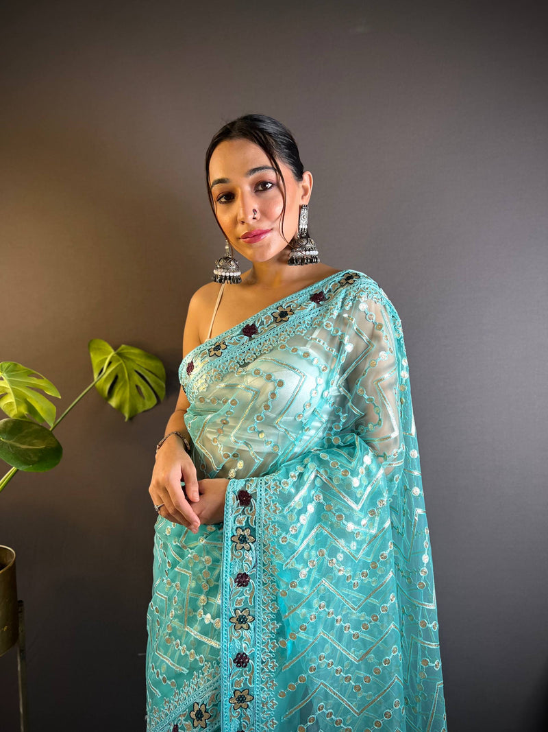 Triveni Embellished Net Saree - BLUE