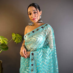 Triveni Embellished Net Saree - BLUE