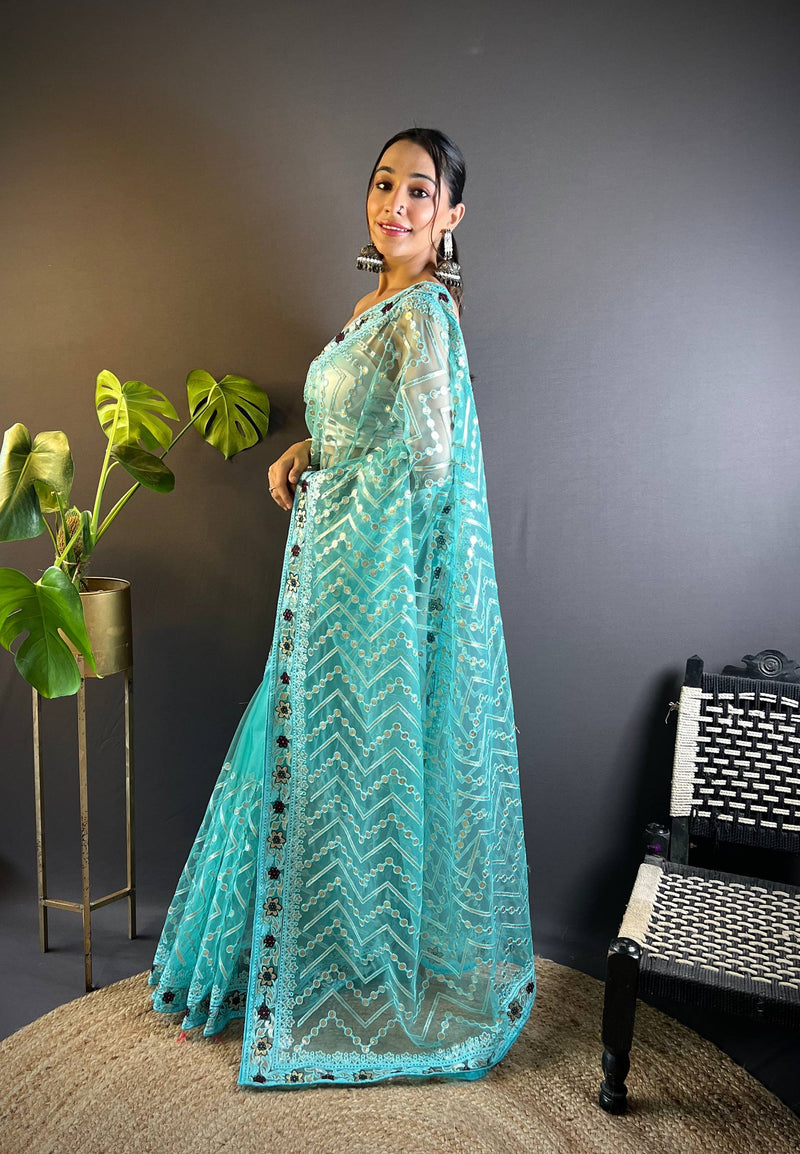 Triveni Embellished Net Saree - BLUE