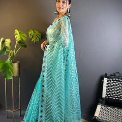 Triveni Embellished Net Saree - BLUE