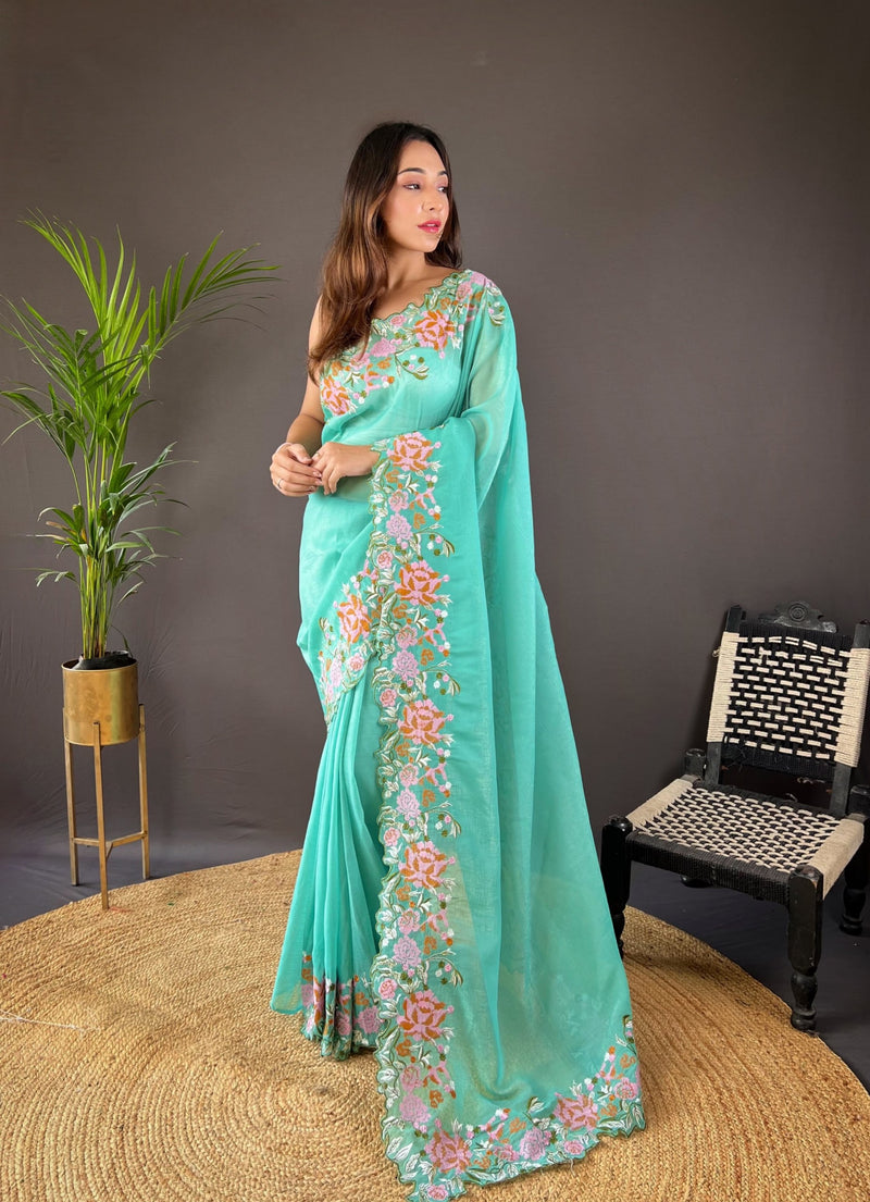 Phool Bagh Saree - Cyan