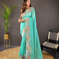 Phool Bagh Saree - Cyan