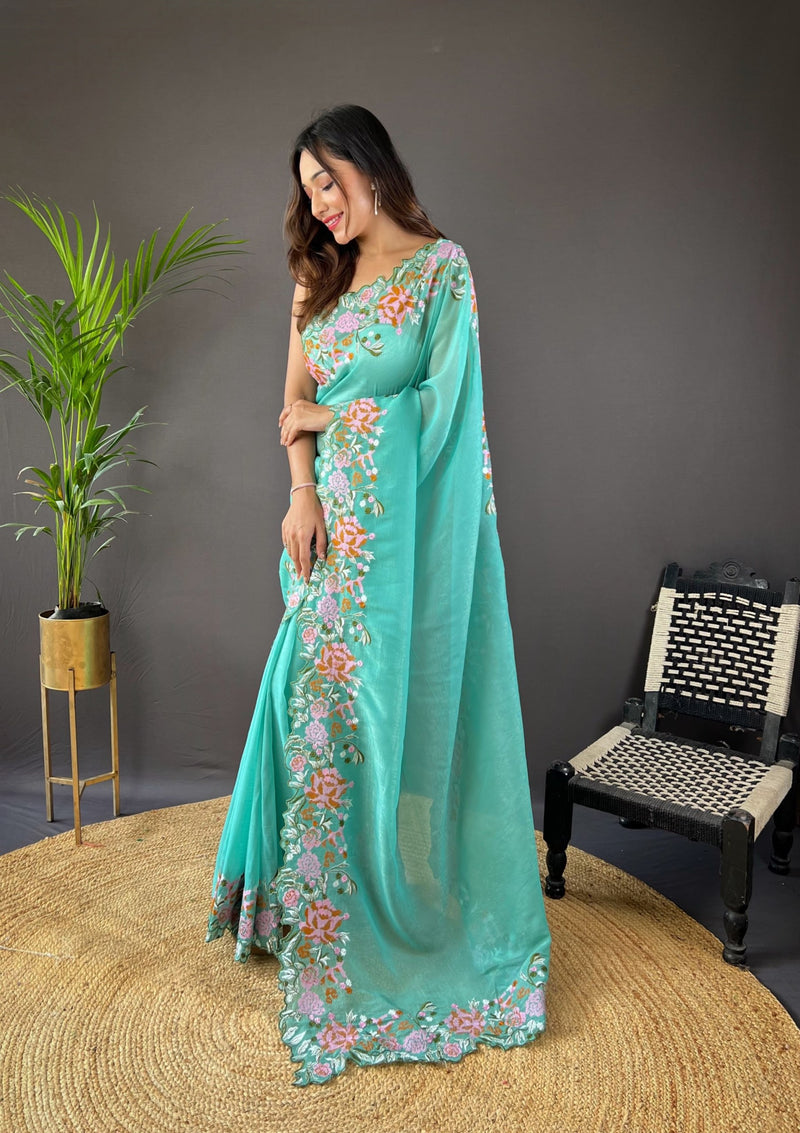 Phool Bagh Saree - Cyan