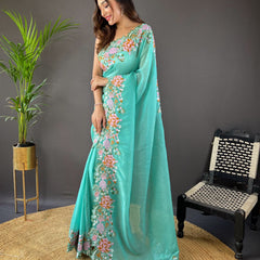 Phool Bagh Saree - Cyan