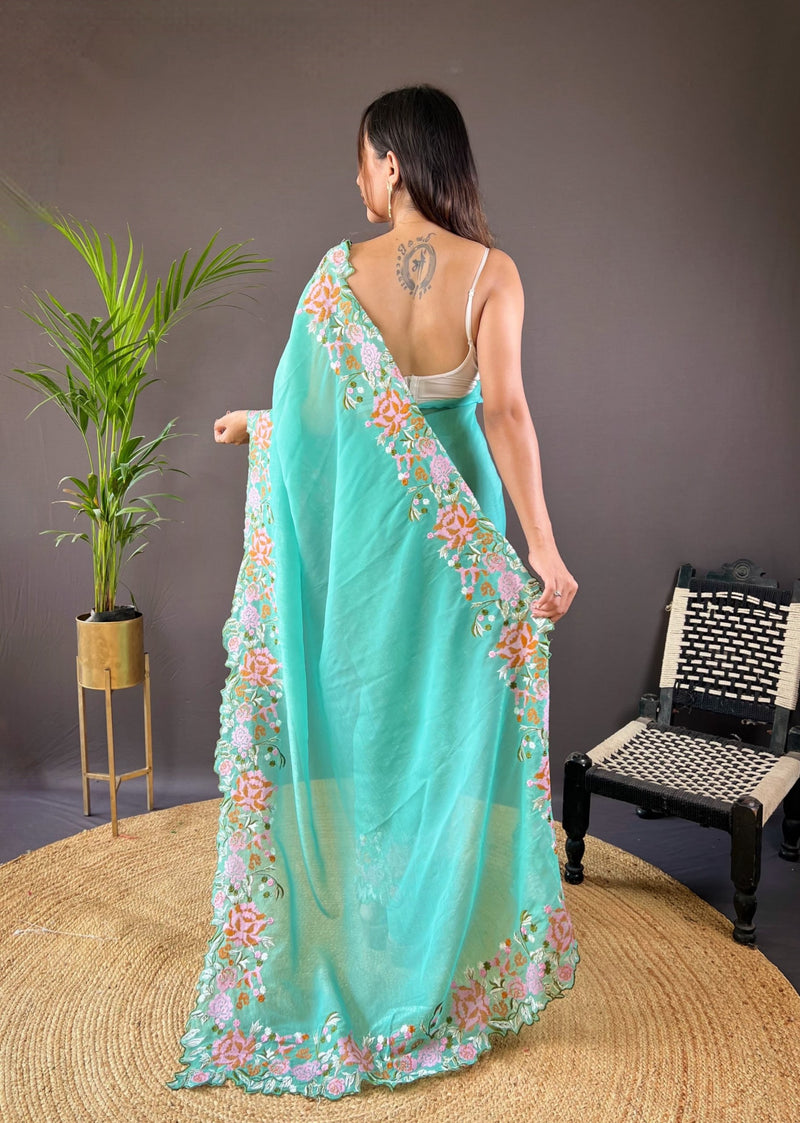 Phool Bagh Saree - Cyan