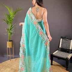 Phool Bagh Saree - Cyan