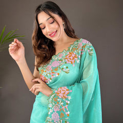 Phool Bagh Saree - Cyan