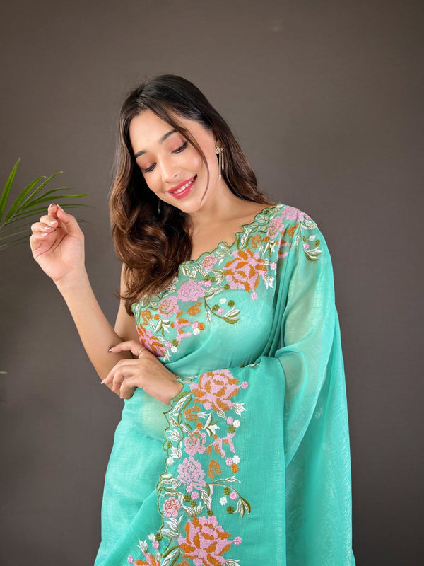 Phool Bagh Saree - Cyan