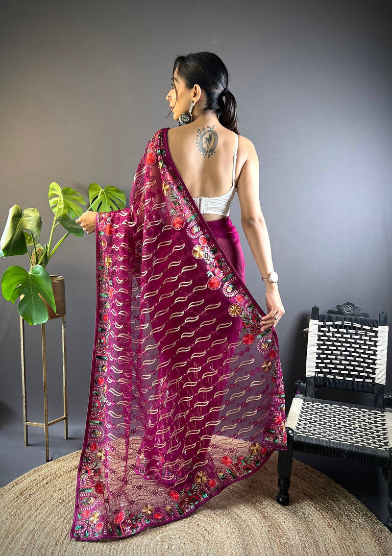 Gulmohar Butterfly Net Saree - Magenta
