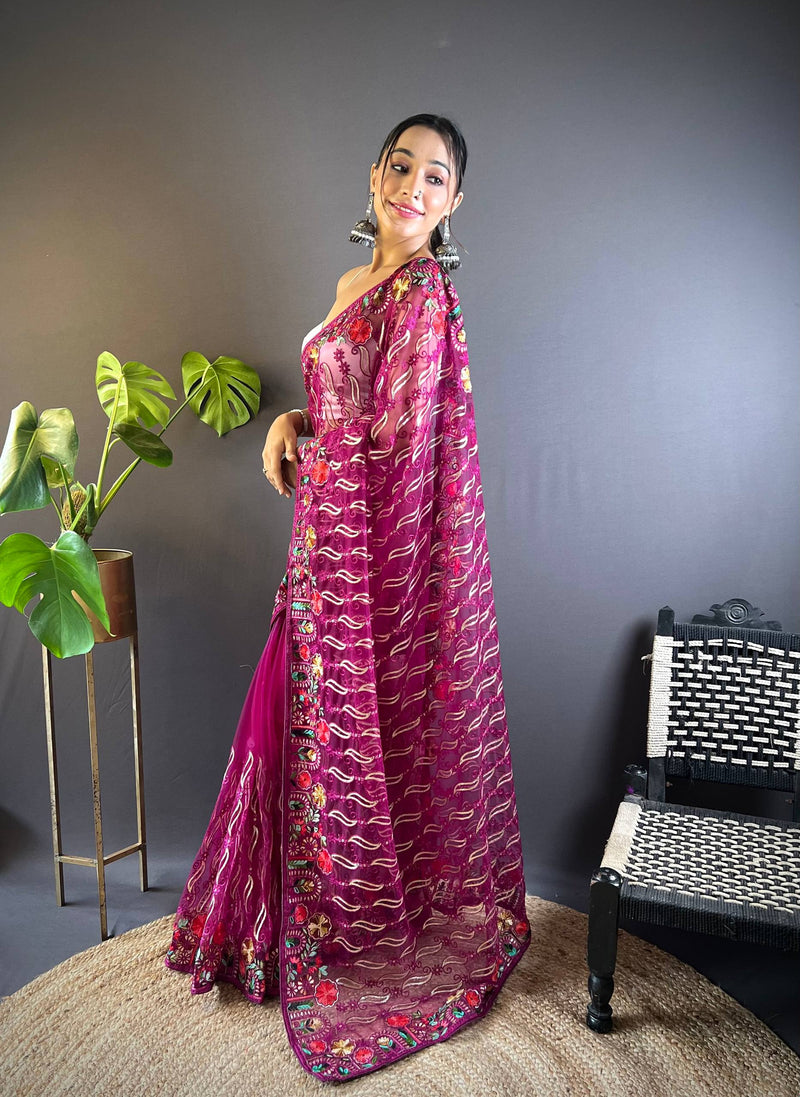 Gulmohar Butterfly Net Saree - Magenta