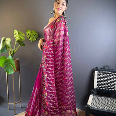 Gulmohar Butterfly Net Saree - Magenta