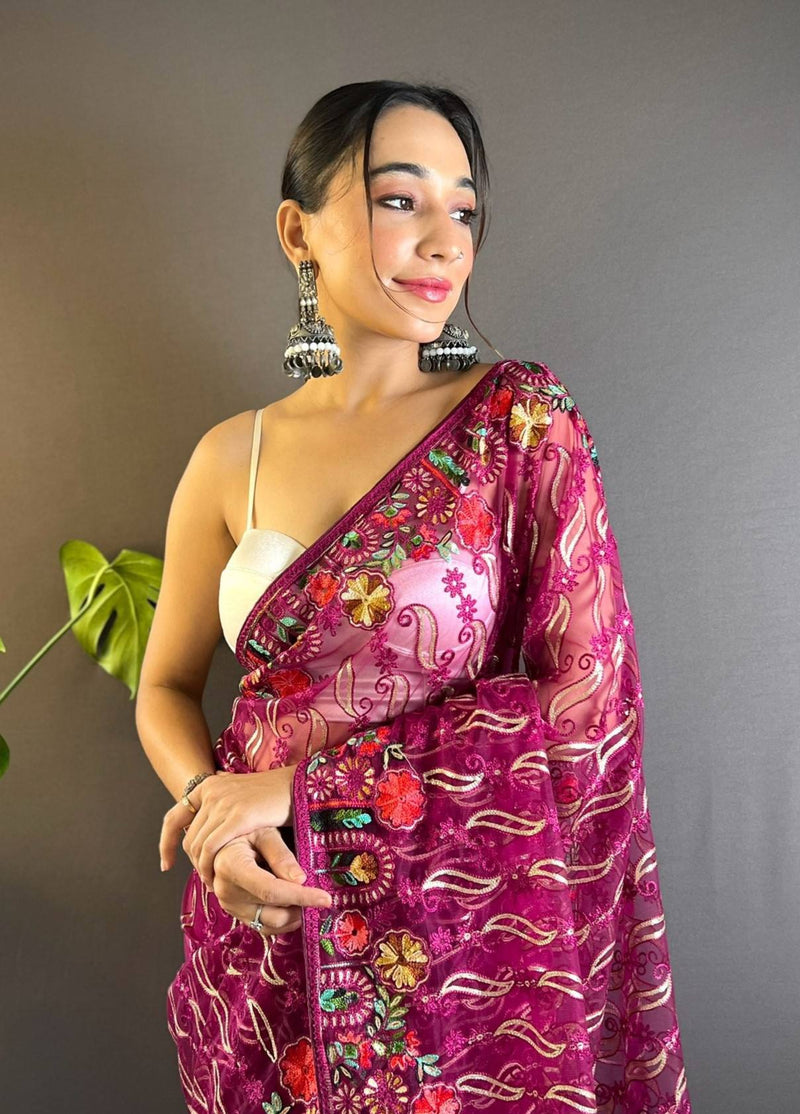 Gulmohar Butterfly Net Saree - Magenta