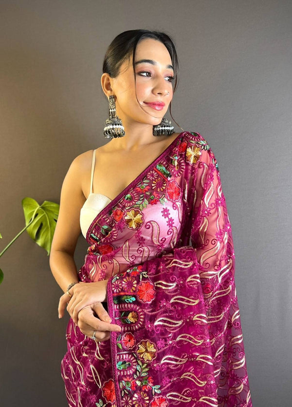 Gulmohar Butterfly Net Saree - Magenta