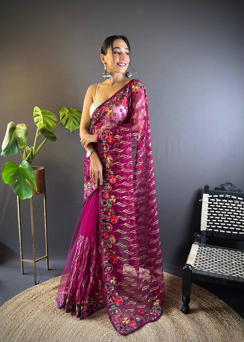 Gulmohar Butterfly Net Saree - Magenta