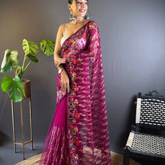 Gulmohar Butterfly Net Saree - Magenta