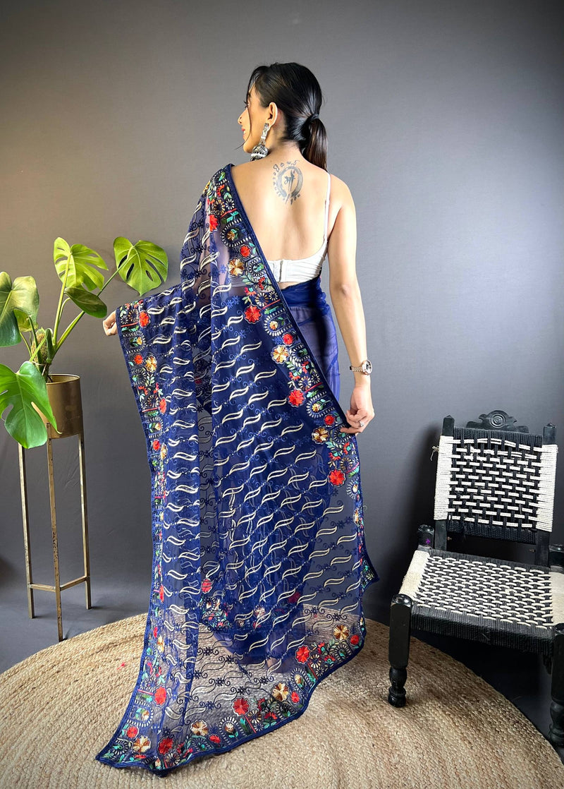 Gulmohar Butterfly Net Saree - Blue