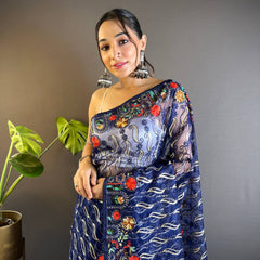 Gulmohar Butterfly Net Saree - Blue