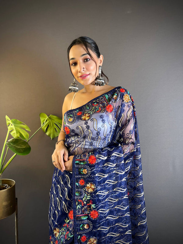Gulmohar Butterfly Net Saree - Blue