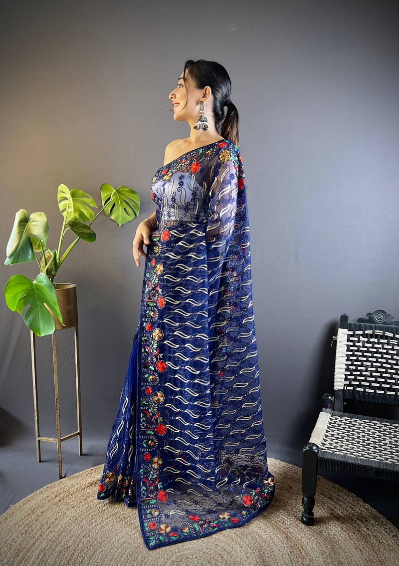 Gulmohar Butterfly Net Saree - Blue
