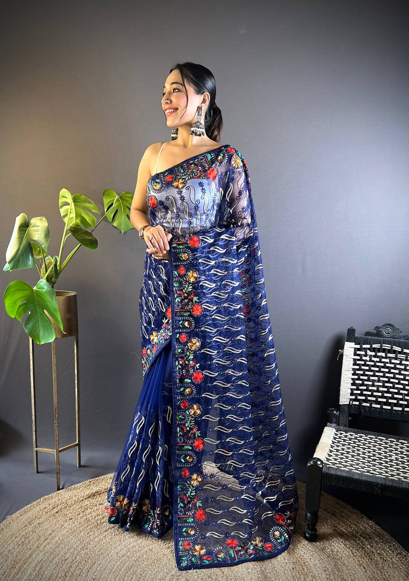 Gulmohar Butterfly Net Saree - Blue