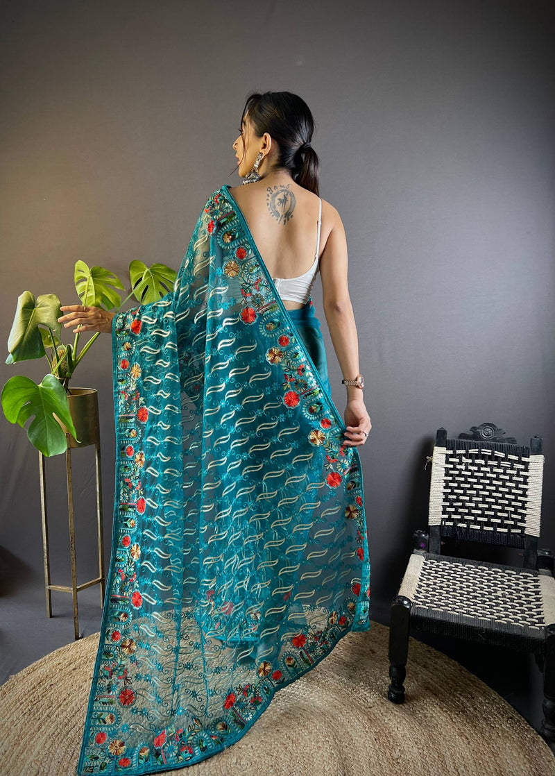 Gulmohar Butterfly Net Saree - Cyan