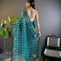 Gulmohar Butterfly Net Saree - Cyan