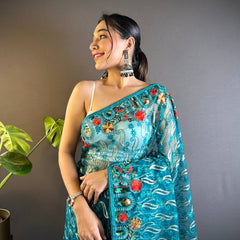 Gulmohar Butterfly Net Saree - Cyan