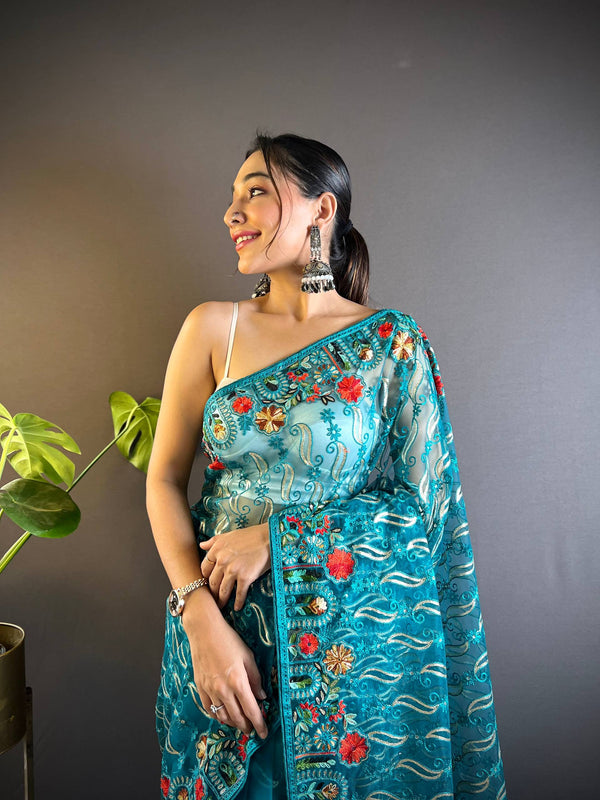Gulmohar Butterfly Net Saree - Cyan