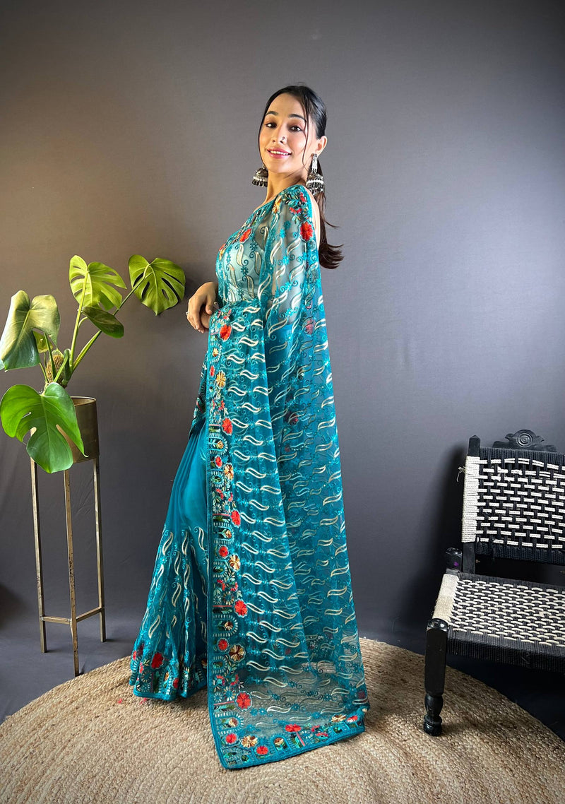 Gulmohar Butterfly Net Saree - Cyan