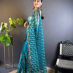 Gulmohar Butterfly Net Saree - Cyan