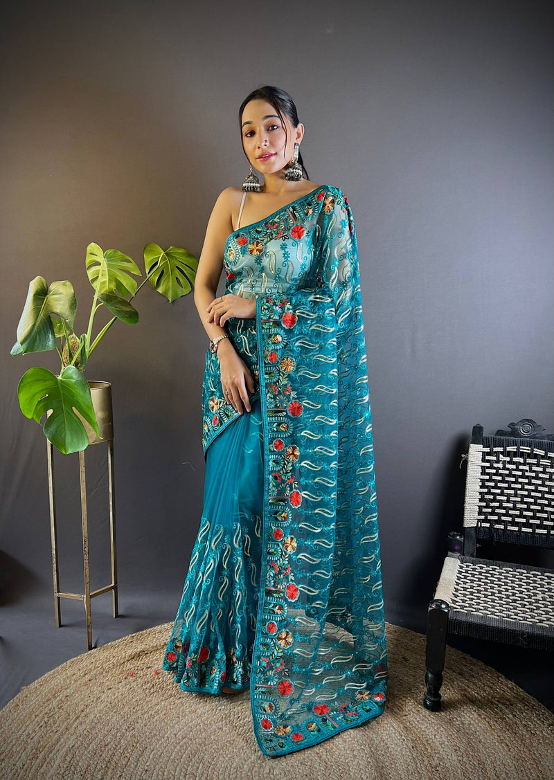 Gulmohar Butterfly Net Saree - Cyan