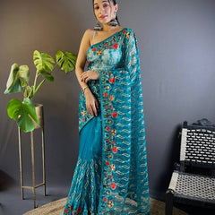 Gulmohar Butterfly Net Saree - Cyan